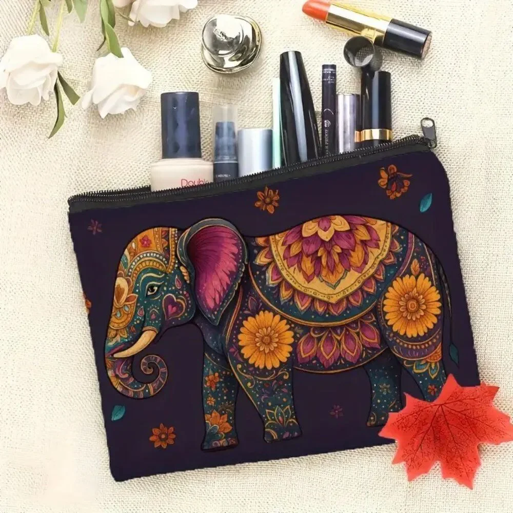 Halloween Gothic Purple Elephant w Flowers Makeup Bag - Double-Sided Printed